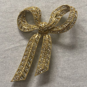 Gold & Rhinestone Bow Brooch